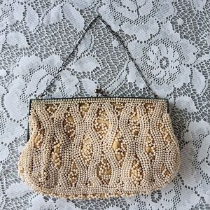 Vintage 1920s 30s Beaded Evening Purse Art Deco Ivory Glass Beads Chain Handle